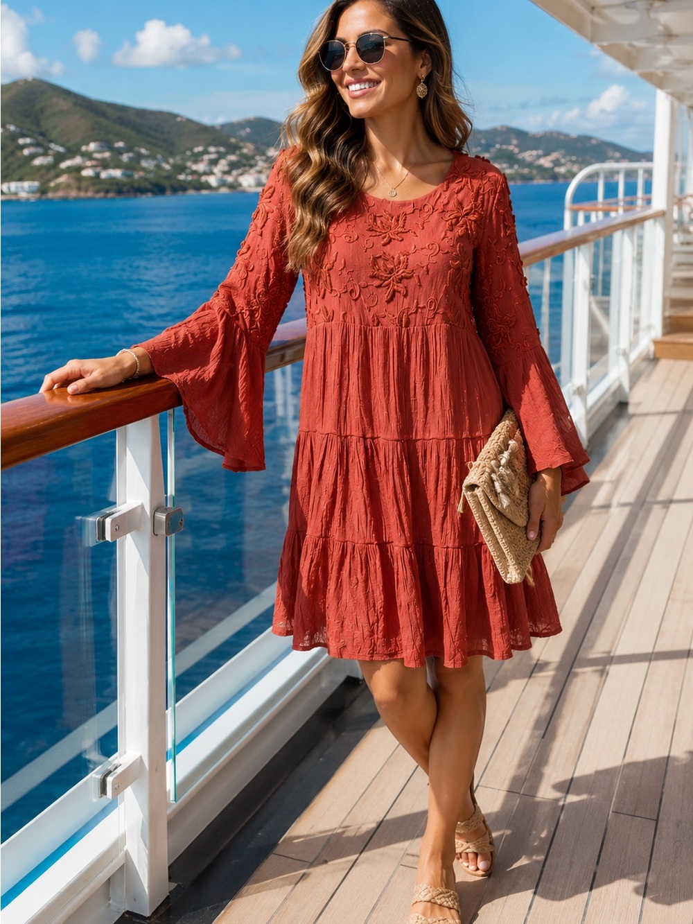 Umgee Large Rust Embroidered Tiered Dress | Bell Sleeves | Boho Fall Midi Tunic
